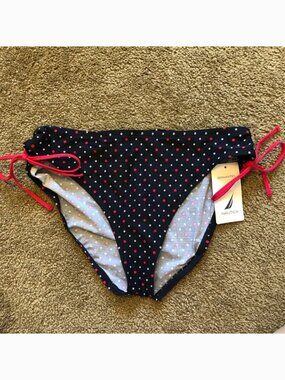 NEW NWT NAUTICA Navy Blue White Red Polka Dot USA Bow Tie Side Bikini BOTTOM 8